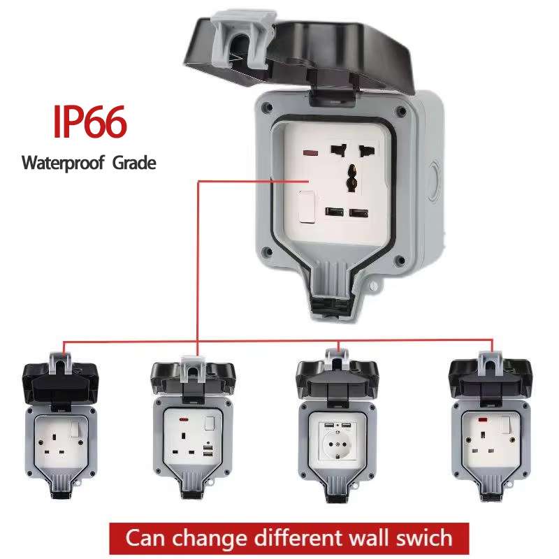 IP66 British Single Gang Waterproof Socket with USB Charger